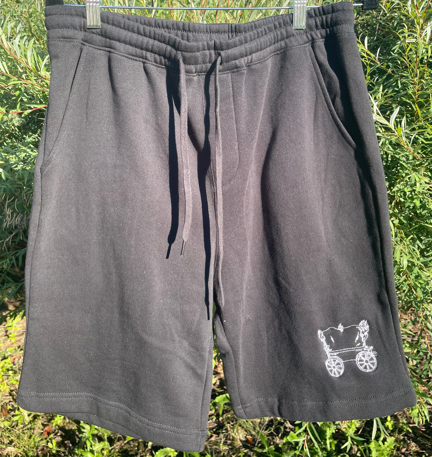 Embroidered Burning Wagon Outline Midweight Fleece Shorts