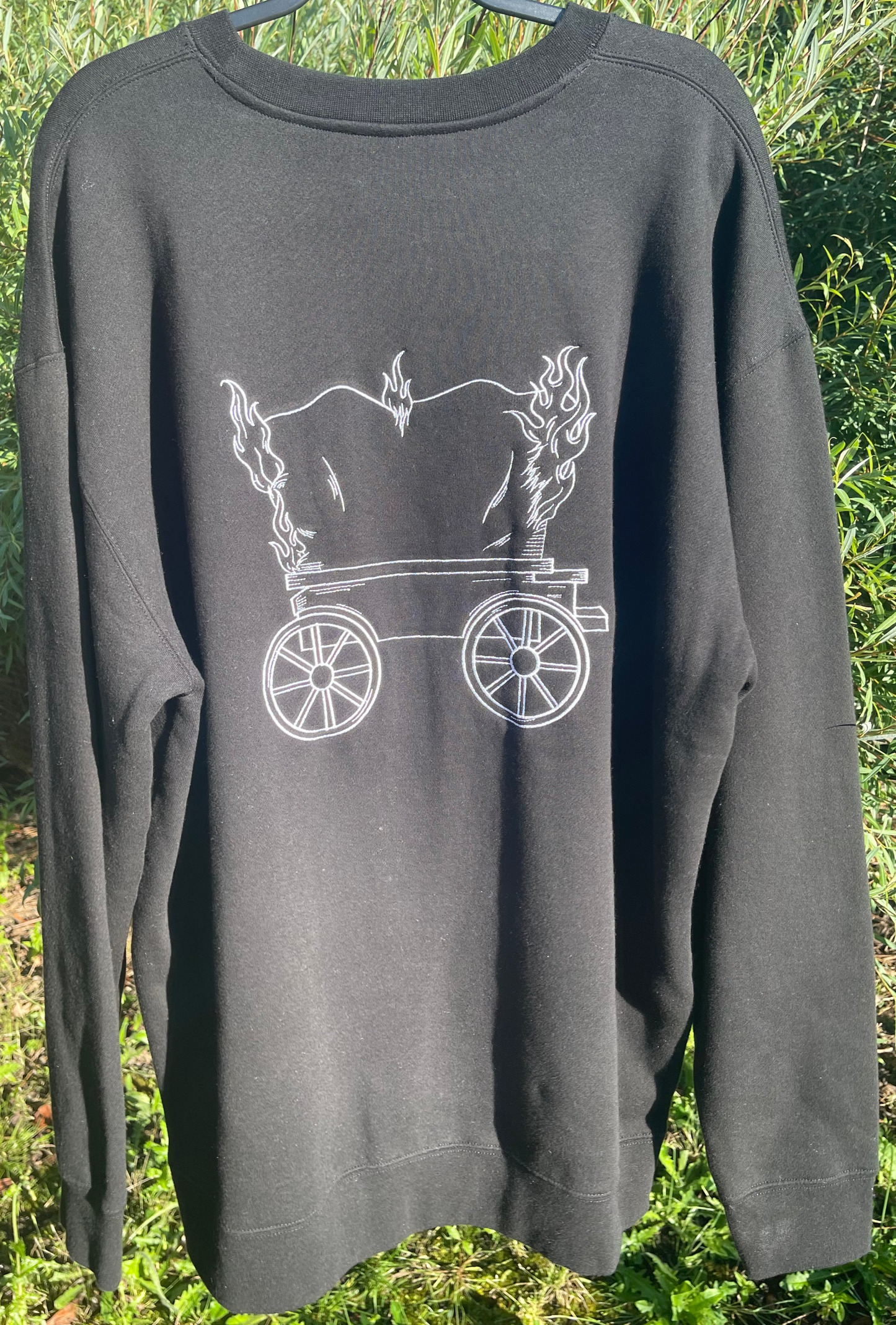 Burning Wagon Outline Double Sided Embroidery Premium Heavyweight Crewneck